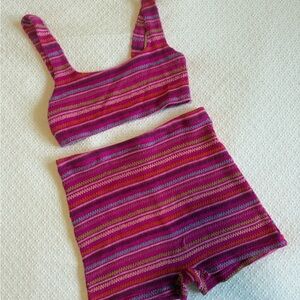 White Fox Pink Knit Crop Top and Shorts Set with Colorful Stitching